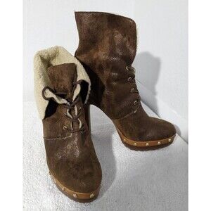 Michael Kors Ankle Bootie Heels Brown Women's Sz 8M Faux Fur Studded Boots